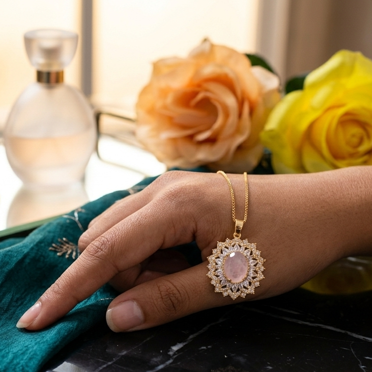Gold Plated Oval Rose Quartz and Cubic Zirconia Cluster Halo Pendant Necklace