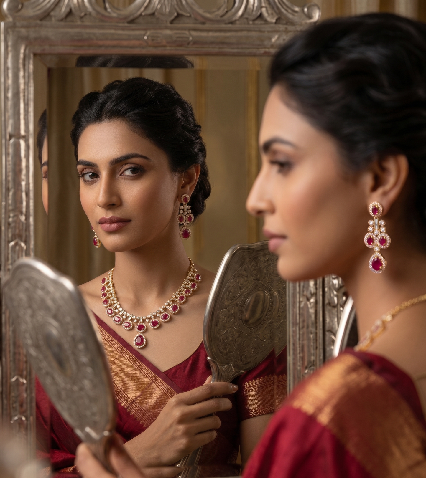 Royal Ruby Halo Drop Necklace and Earring Set in Gold Finish