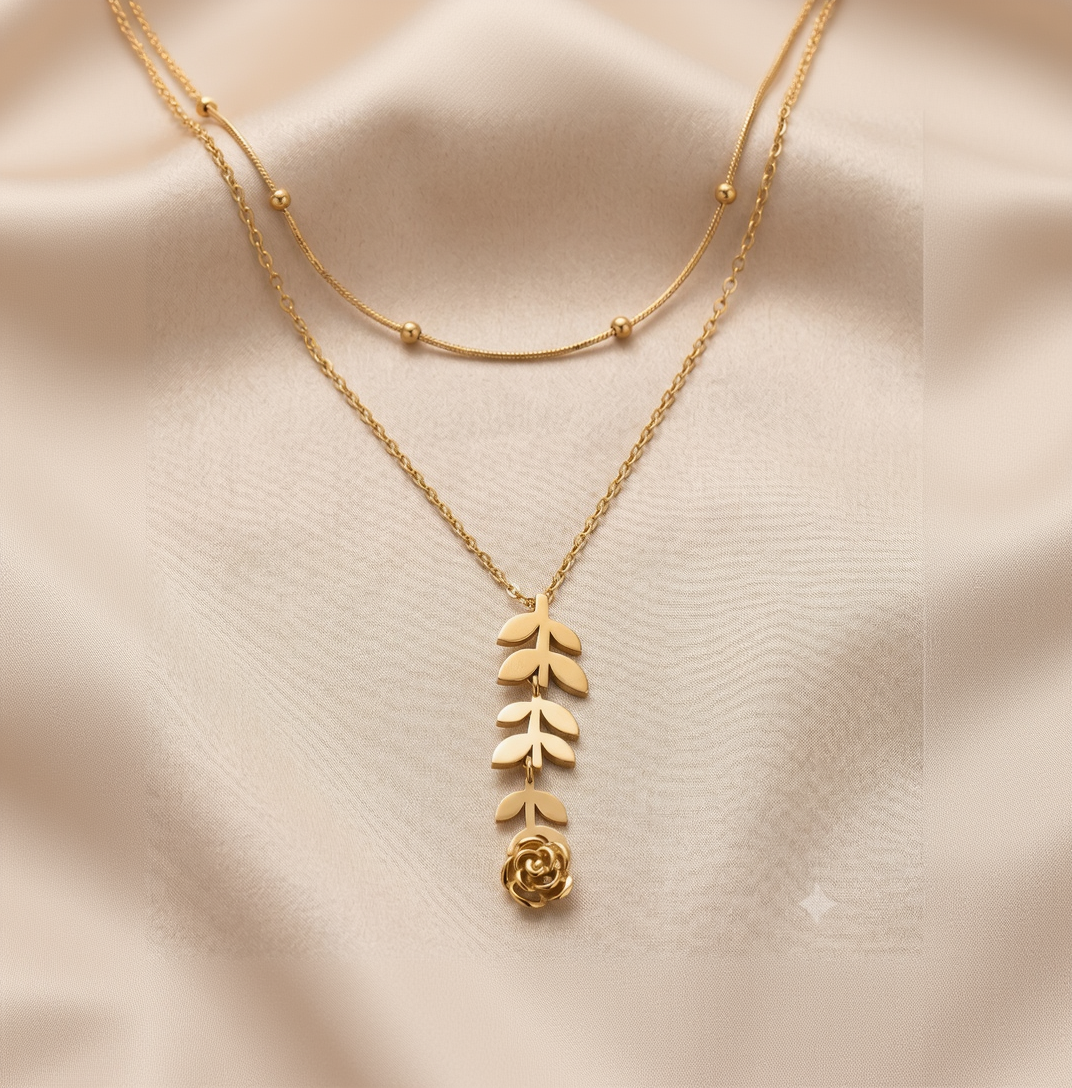 Dainty Layered Gold-Plated Botanical Necklace with Rose and Leaf Pendant Lariat