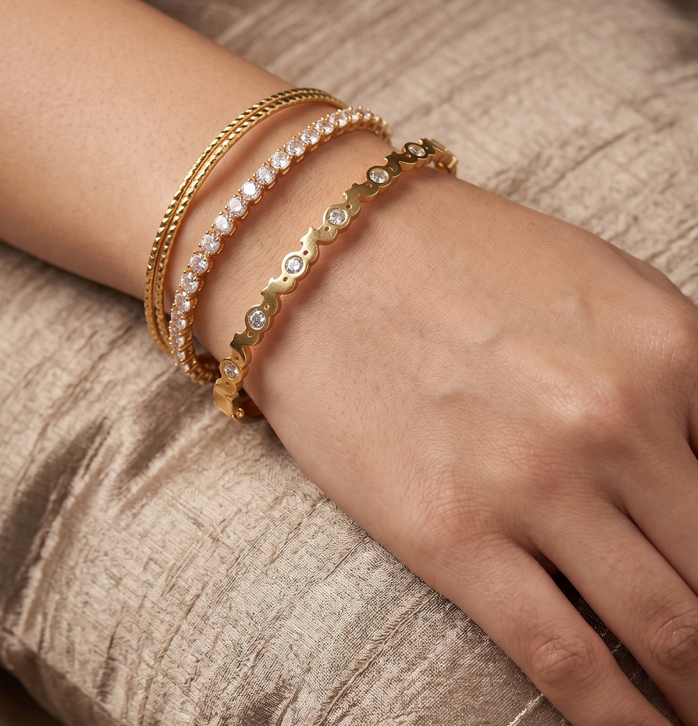 Modern Gold Plated Geometric Stone Bangle - Dainty Station Bracelet