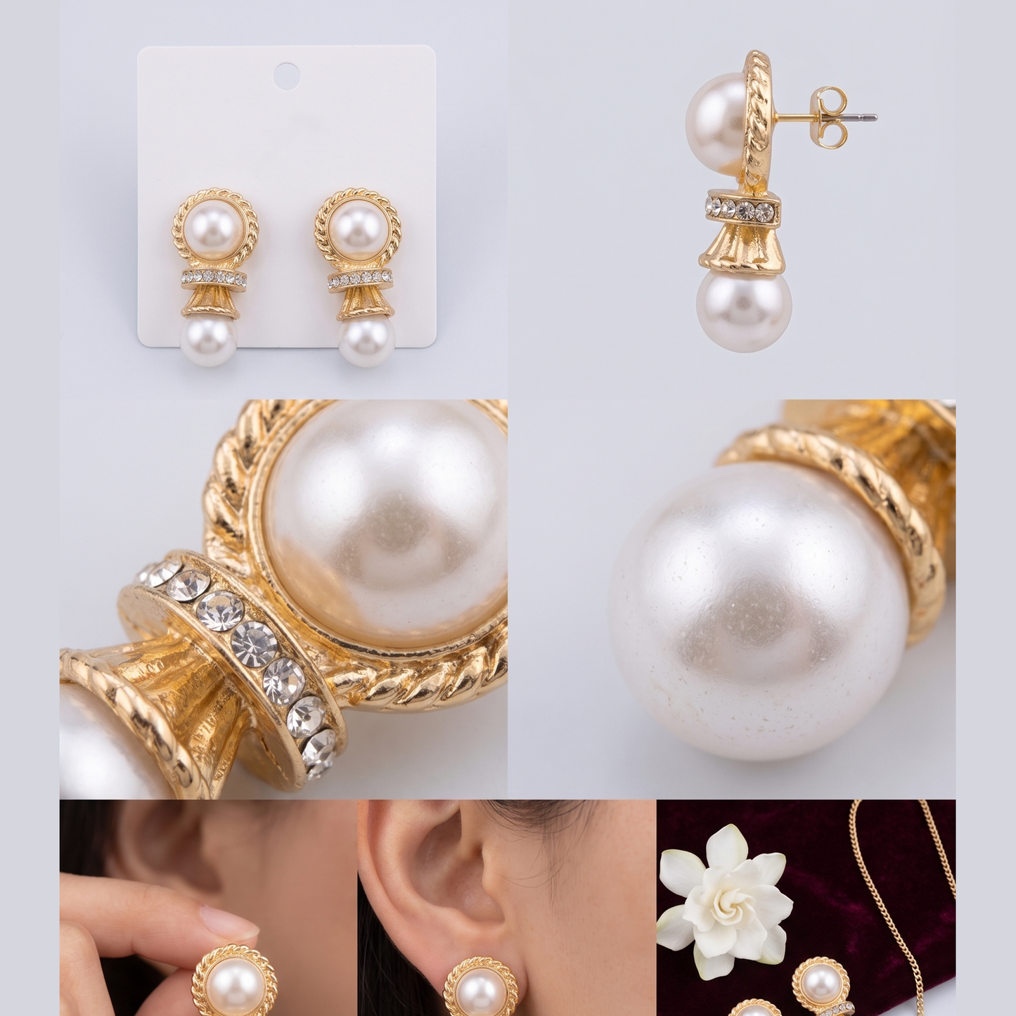 Elegant Double Pearl and Crystal Pave Gold-Tone Statement Stud Earrings - Vintage-Inspired Luxury Drop Earrings
