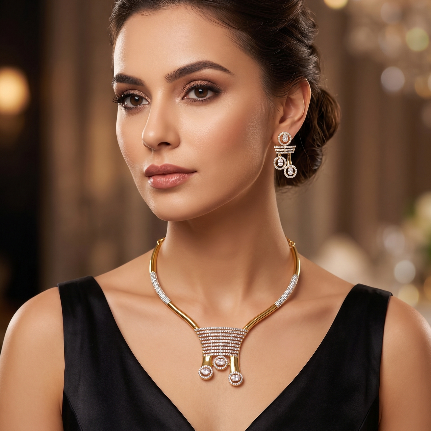Gilded Art Deco CZ Choker Necklace & Earring Set with Pavé Bars and Circle Dangles