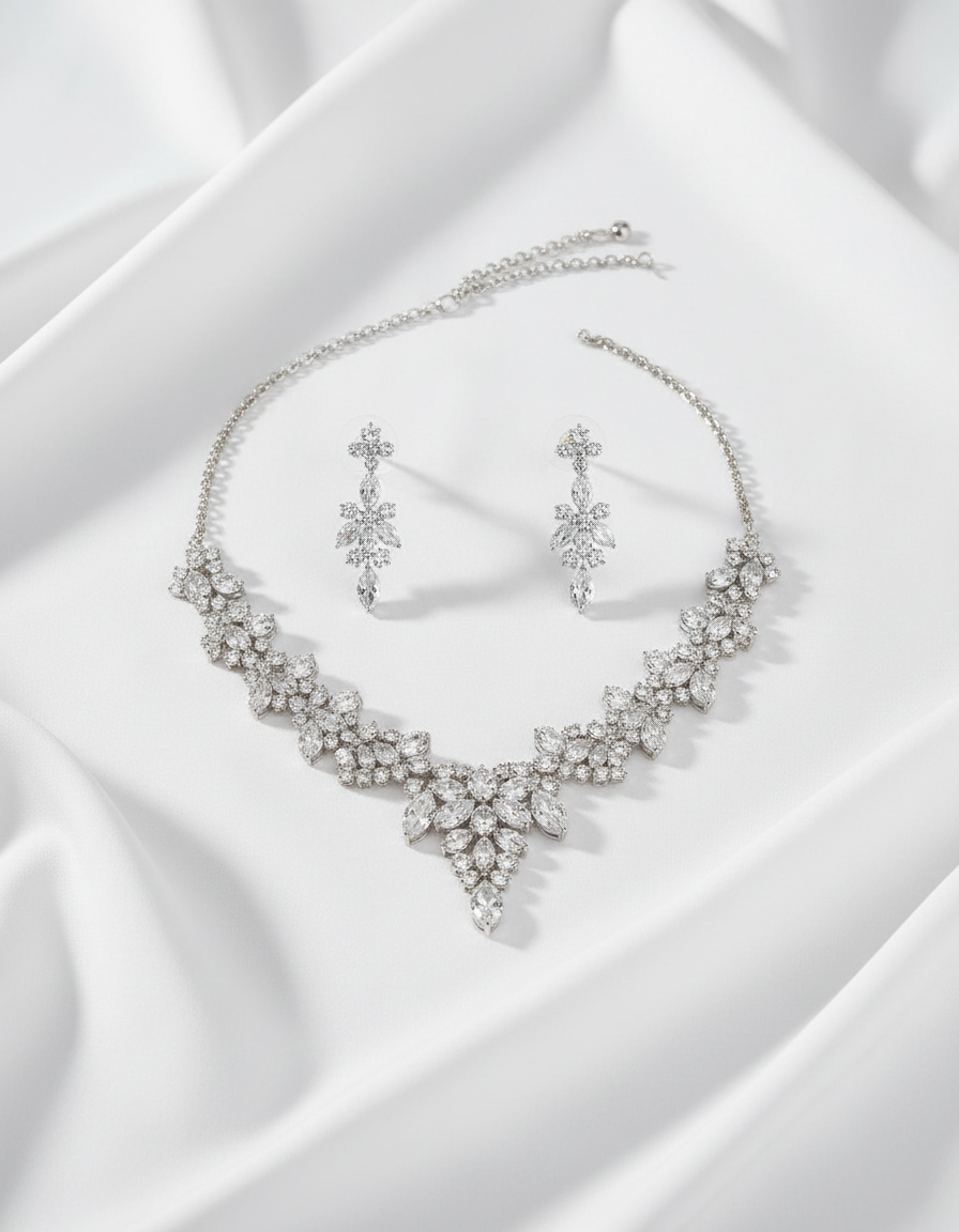 Celestial Bloom CZ Bridal Jewellery Set – Necklace & Earrings