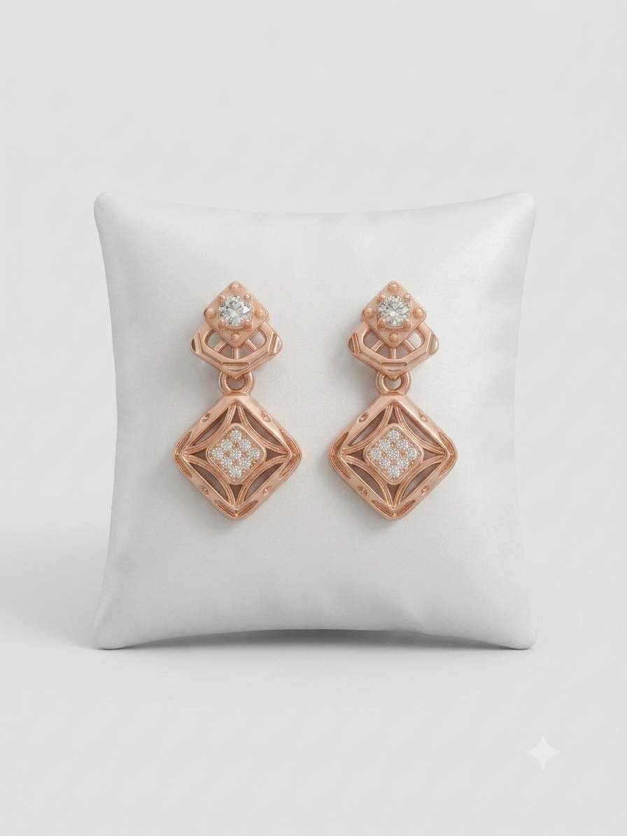 Elegant Rose Gold Geometric Drop Earrings with Diamond Accent