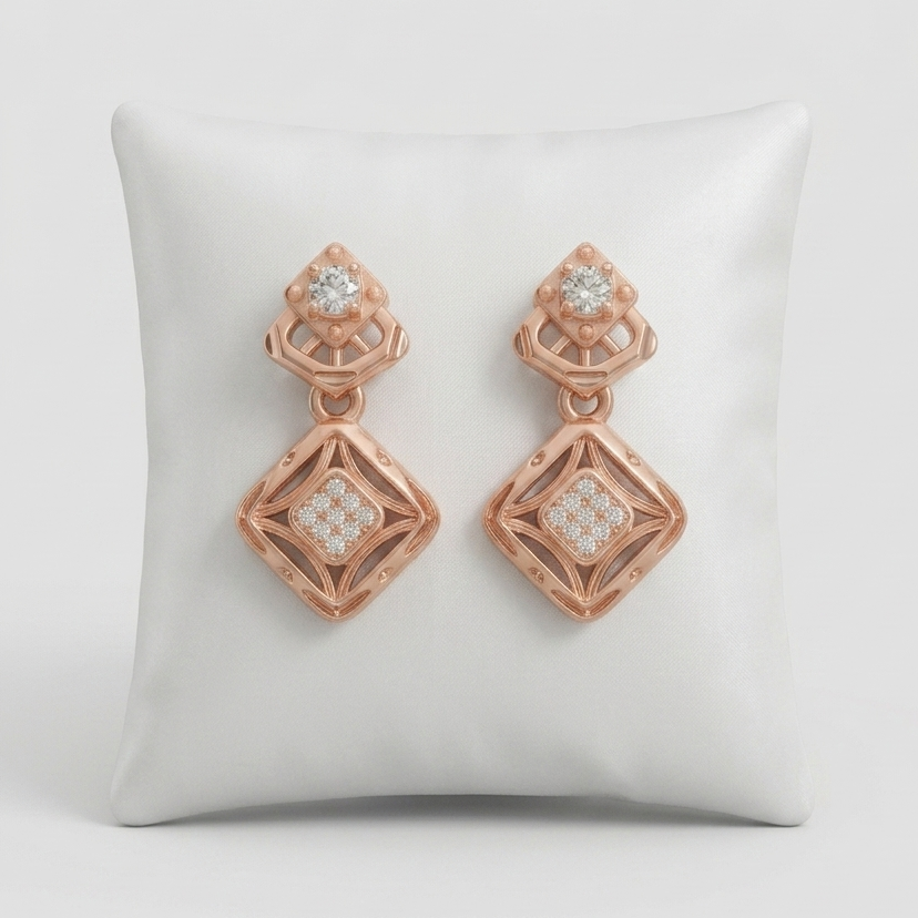 Elegant Rose Gold Geometric Drop Earrings with Diamond Accent
