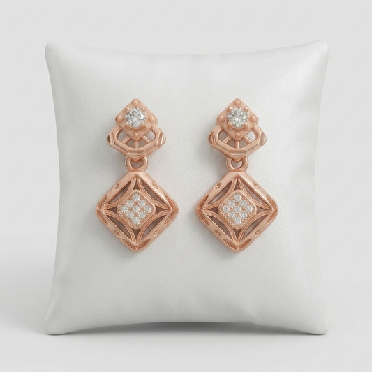 Elegant Rose Gold Geometric Drop Earrings with Diamond Accent