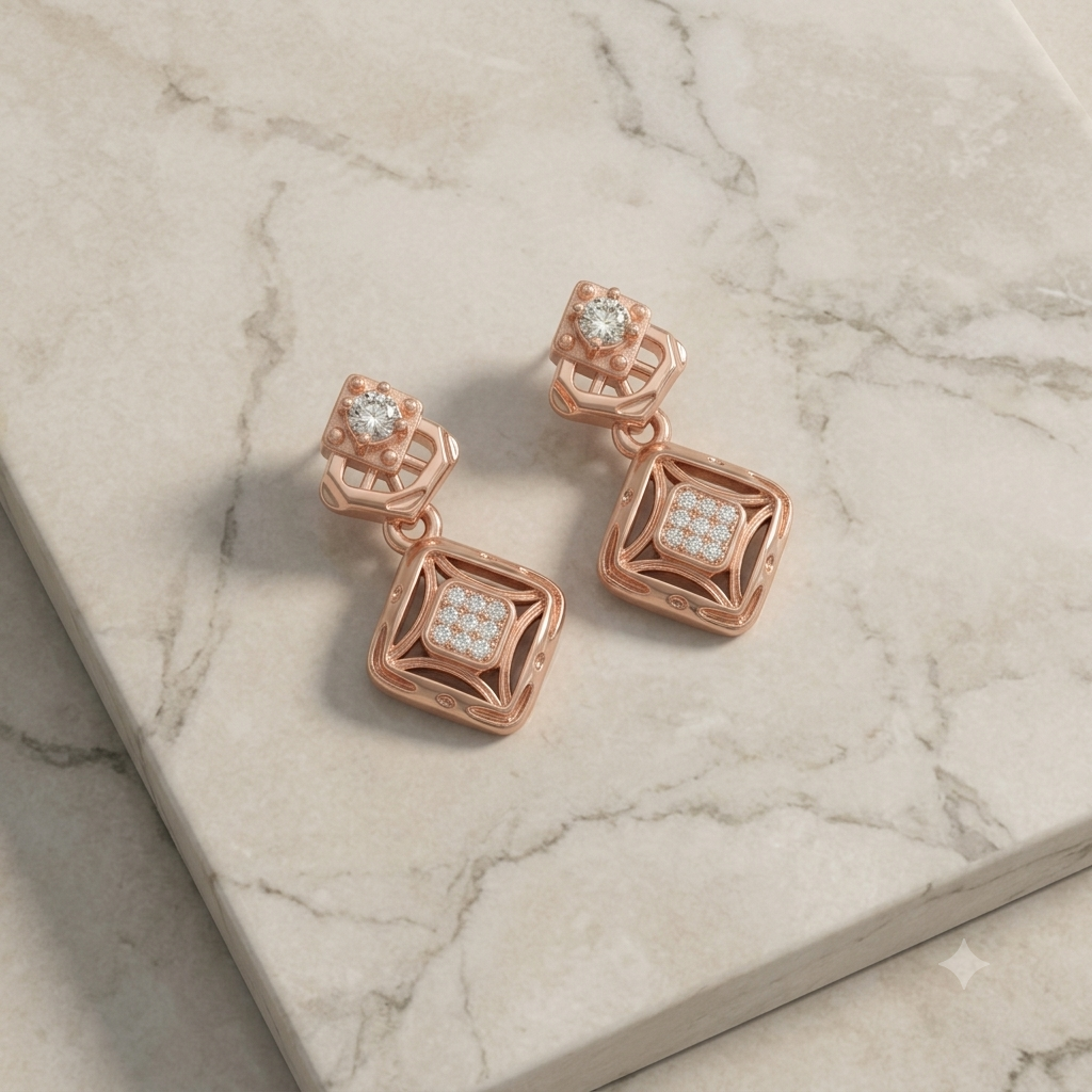 Elegant Rose Gold Geometric Drop Earrings with Diamond Accent
