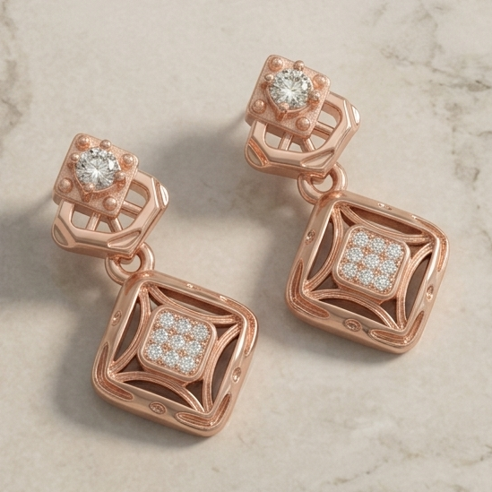 Elegant Rose Gold Geometric Drop Earrings with Diamond Accent