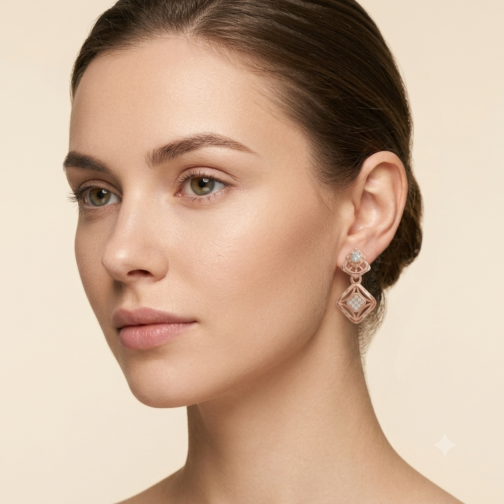 Elegant Rose Gold Geometric Drop Earrings with Diamond Accent