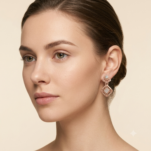 Elegant Rose Gold Geometric Drop Earrings with Diamond Accent