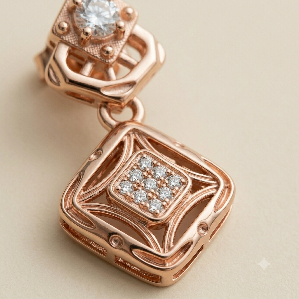 Elegant Rose Gold Geometric Drop Earrings with Diamond Accent
