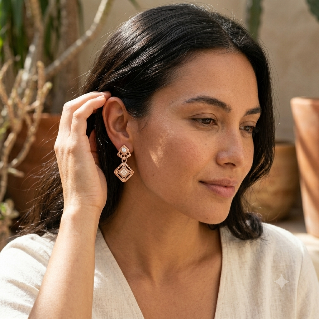 Elegant Rose Gold Geometric Drop Earrings with Diamond Accent