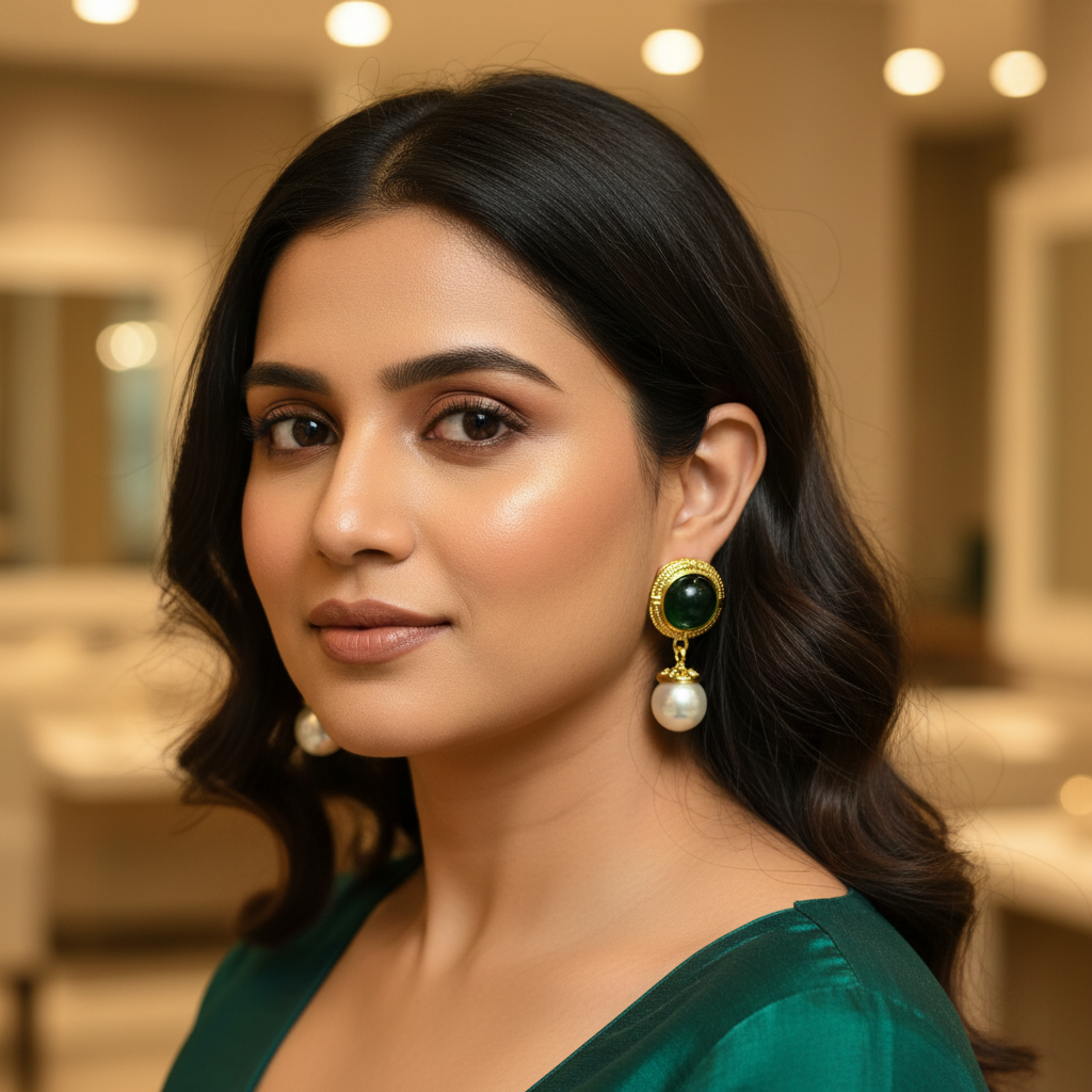 Vintage Gold Green Cabochon & Pearl Drop Earrings
