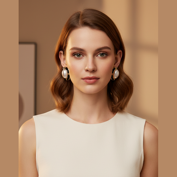 Black Enamel & Pearl Oval Stud Earrings