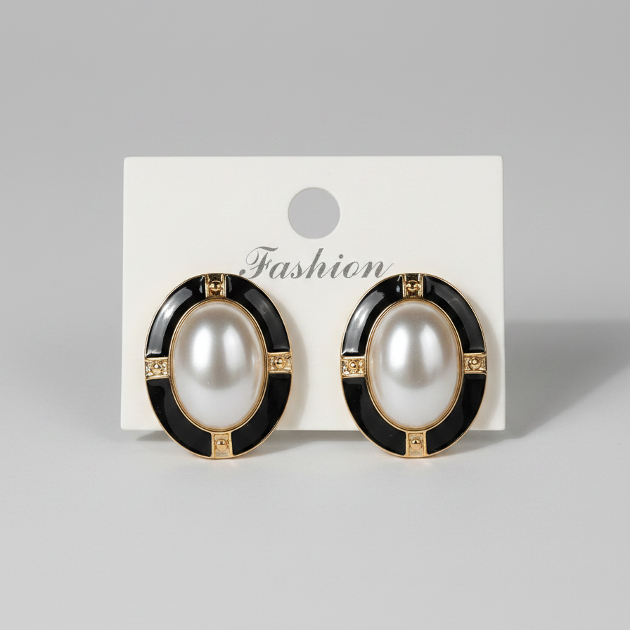 Black Enamel & Pearl Oval Stud Earrings