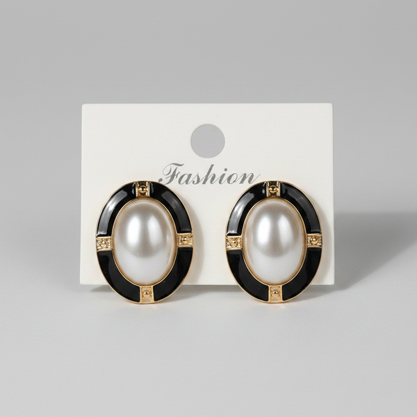 Black Enamel & Pearl Oval Stud Earrings