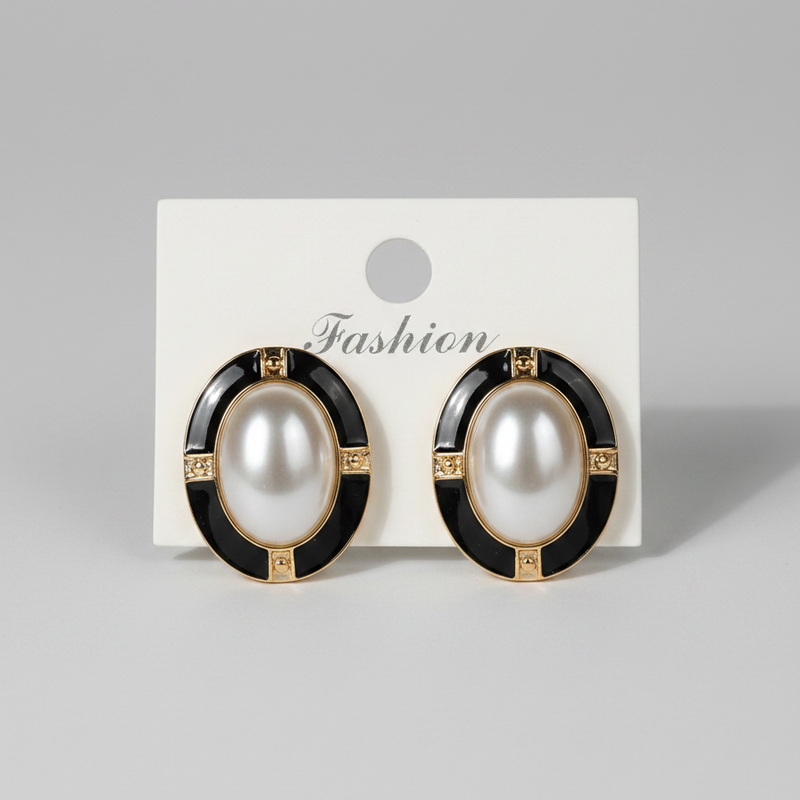 Black Enamel & Pearl Oval Stud Earrings