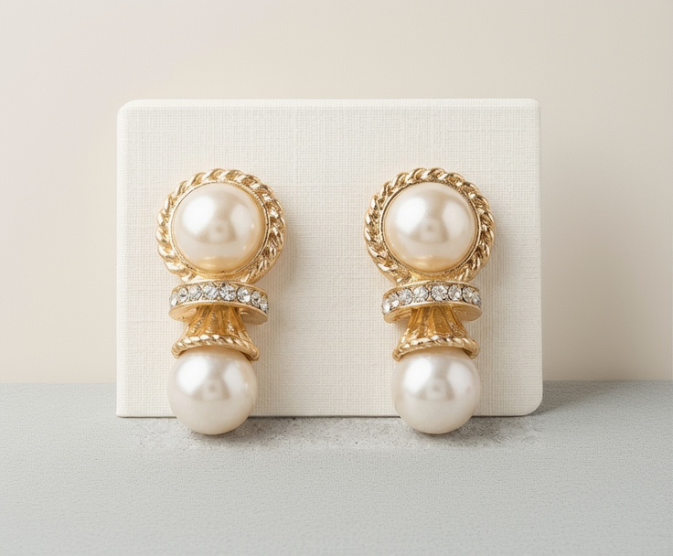 Elegant Double Pearl and Crystal Pave Gold-Tone Statement Stud Earrings - Vintage-Inspired Luxury Drop Earrings