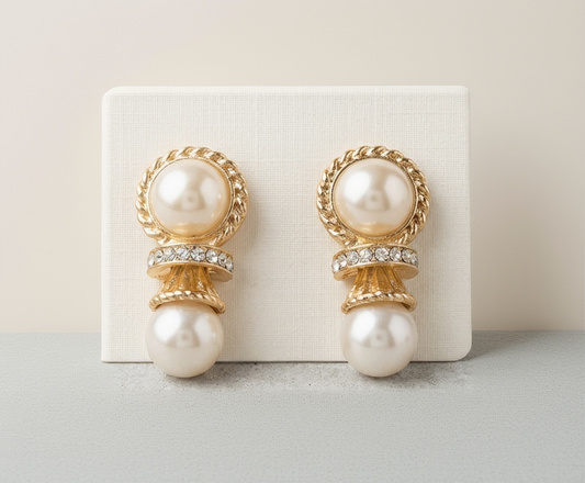 Elegant Double Pearl and Crystal Pave Gold-Tone Statement Stud Earrings - Vintage-Inspired Luxury Drop Earrings