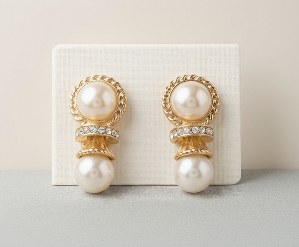 Elegant Double Pearl and Crystal Pave Gold-Tone Statement Stud Earrings - Vintage-Inspired Luxury Drop Earrings