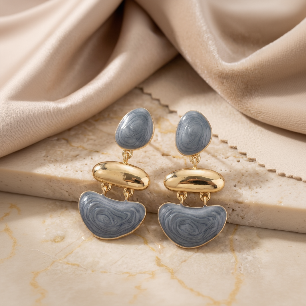 Viennois Elegant Slate Blue-Grey & Gold-Tone Three-Tier Articulated Dangle Earrings