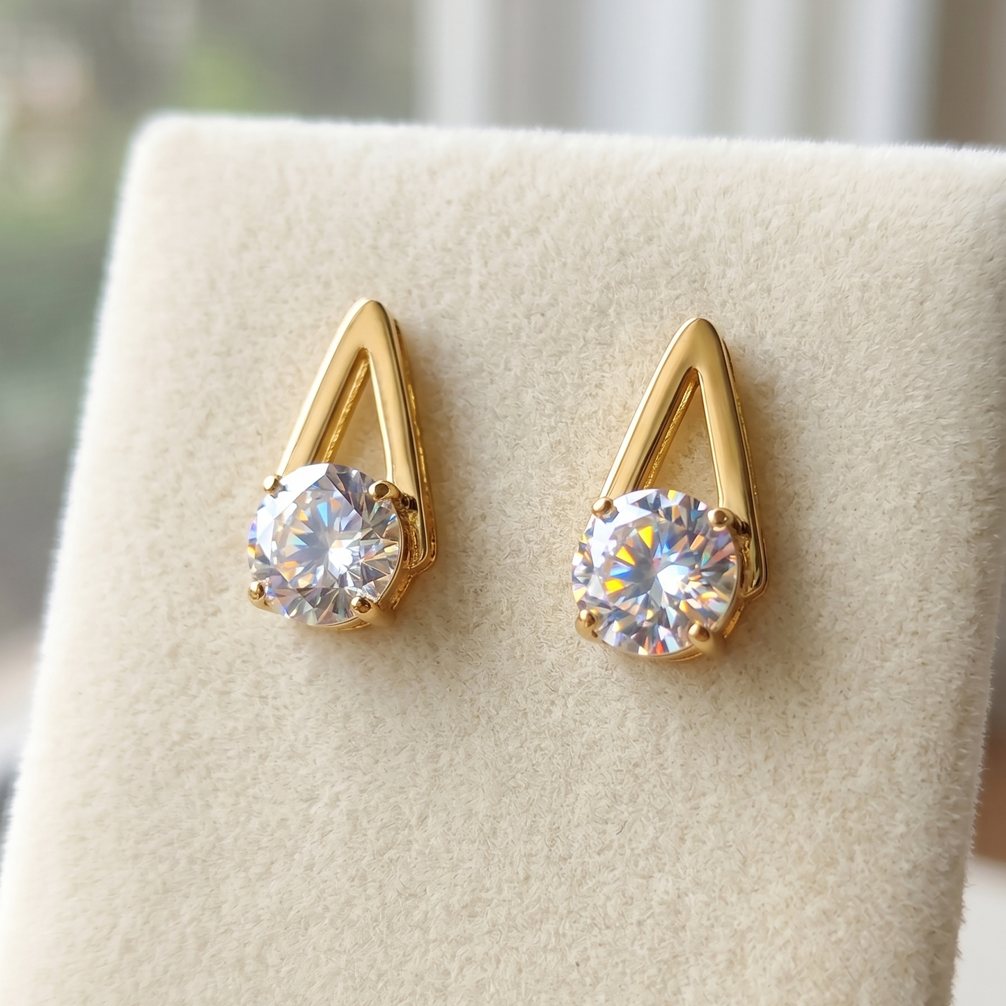 Gold-Plated Teardrop-Outline CZ Solitaire Stud Earrings | High-Brilliance Clear Stone
