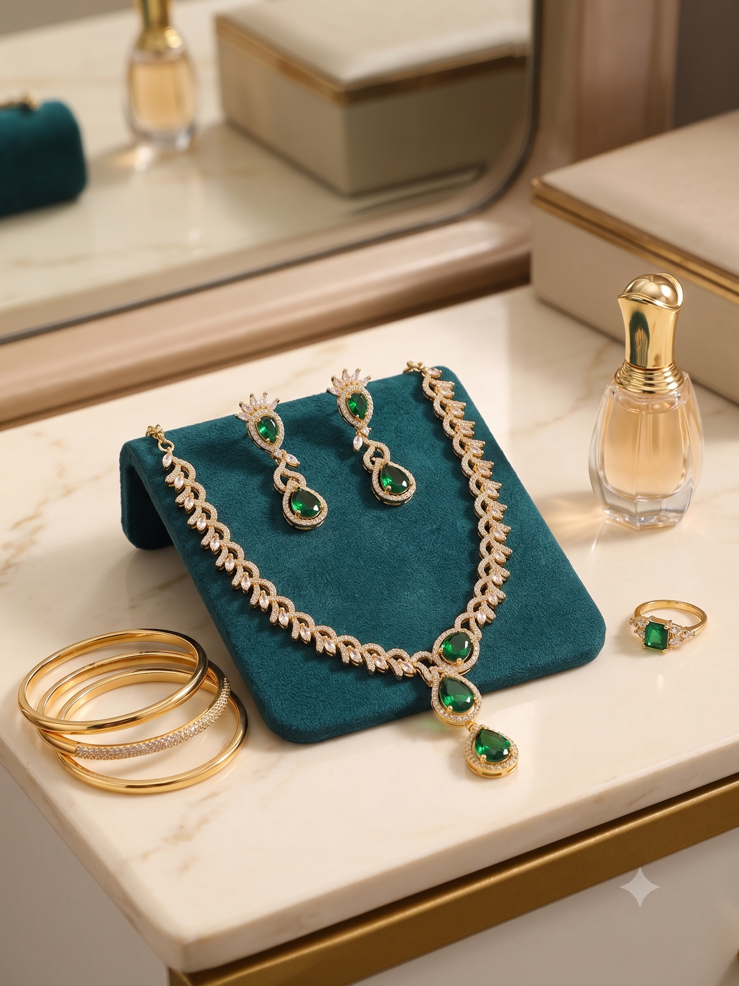 Empress Vine Gold-Plated Emerald & CZ Statement Necklace and Earring Set