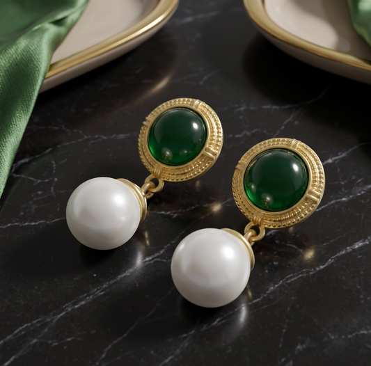 Vintage Gold Green Cabochon & Pearl Drop Earrings