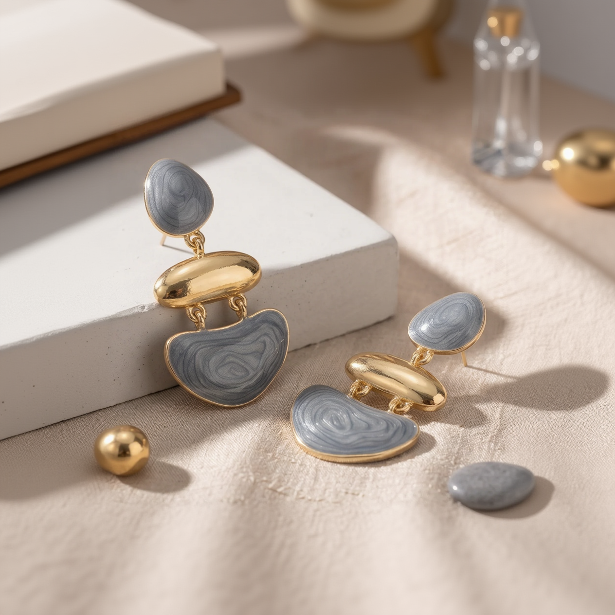 Viennois Elegant Slate Blue-Grey & Gold-Tone Three-Tier Articulated Dangle Earrings