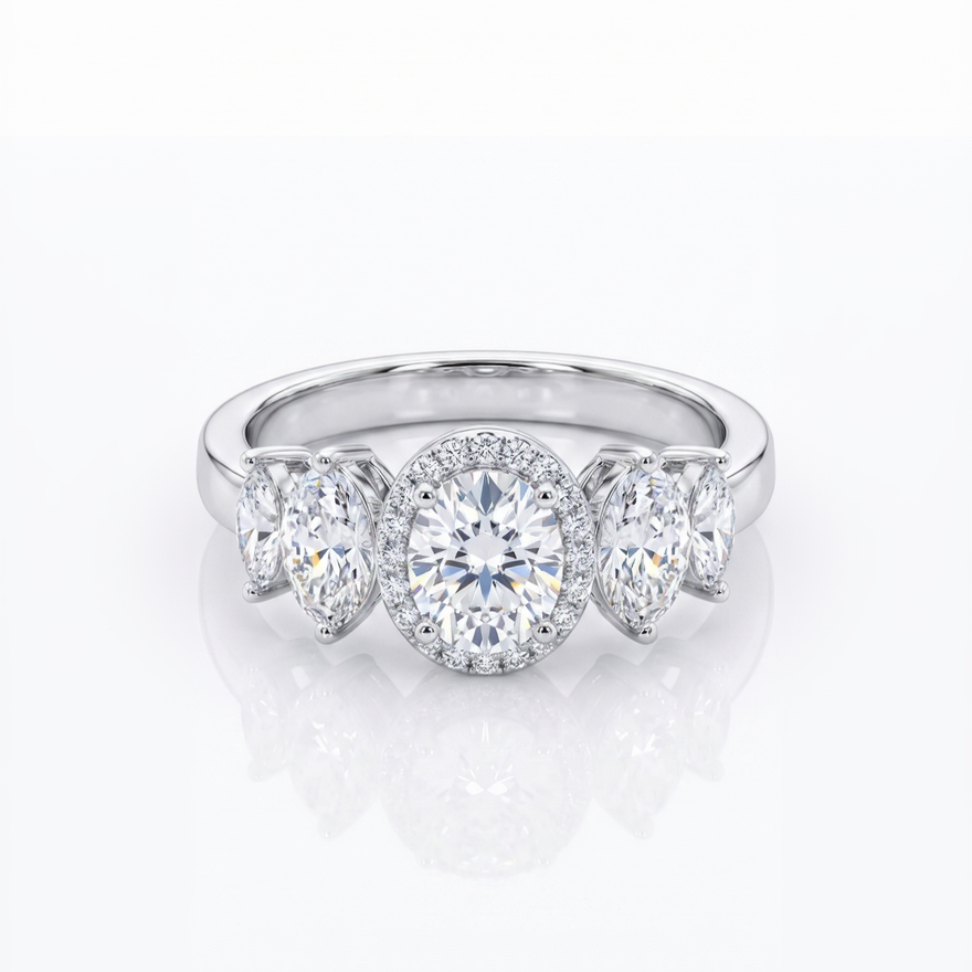 3-Stone Oval Halo Engagement Ring in Silver Finish