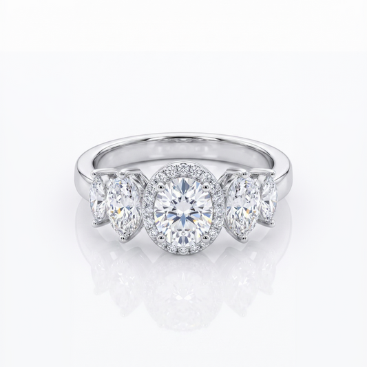 3-Stone Oval Halo Engagement Ring in Silver Finish