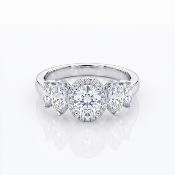 3-Stone Oval Halo Engagement Ring in Silver Finish