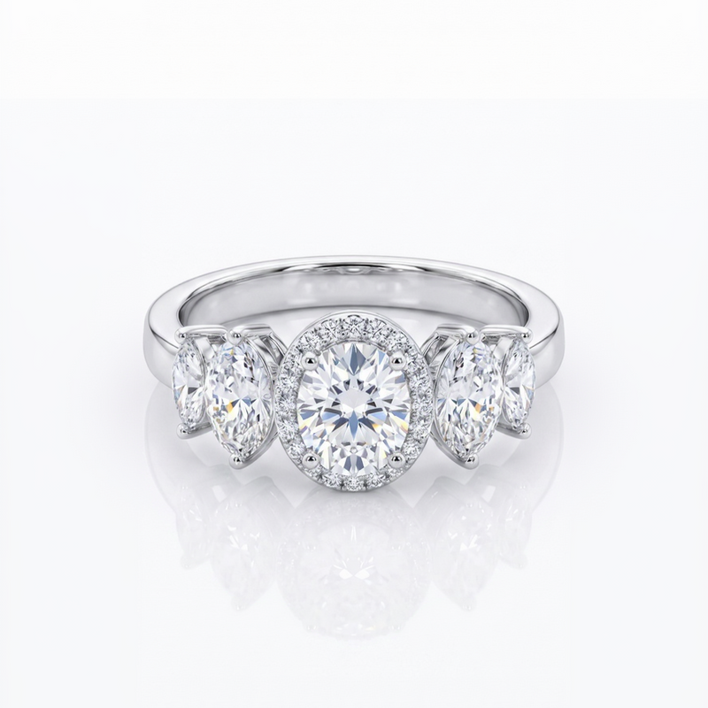 3-Stone Oval Halo Engagement Ring in Silver Finish