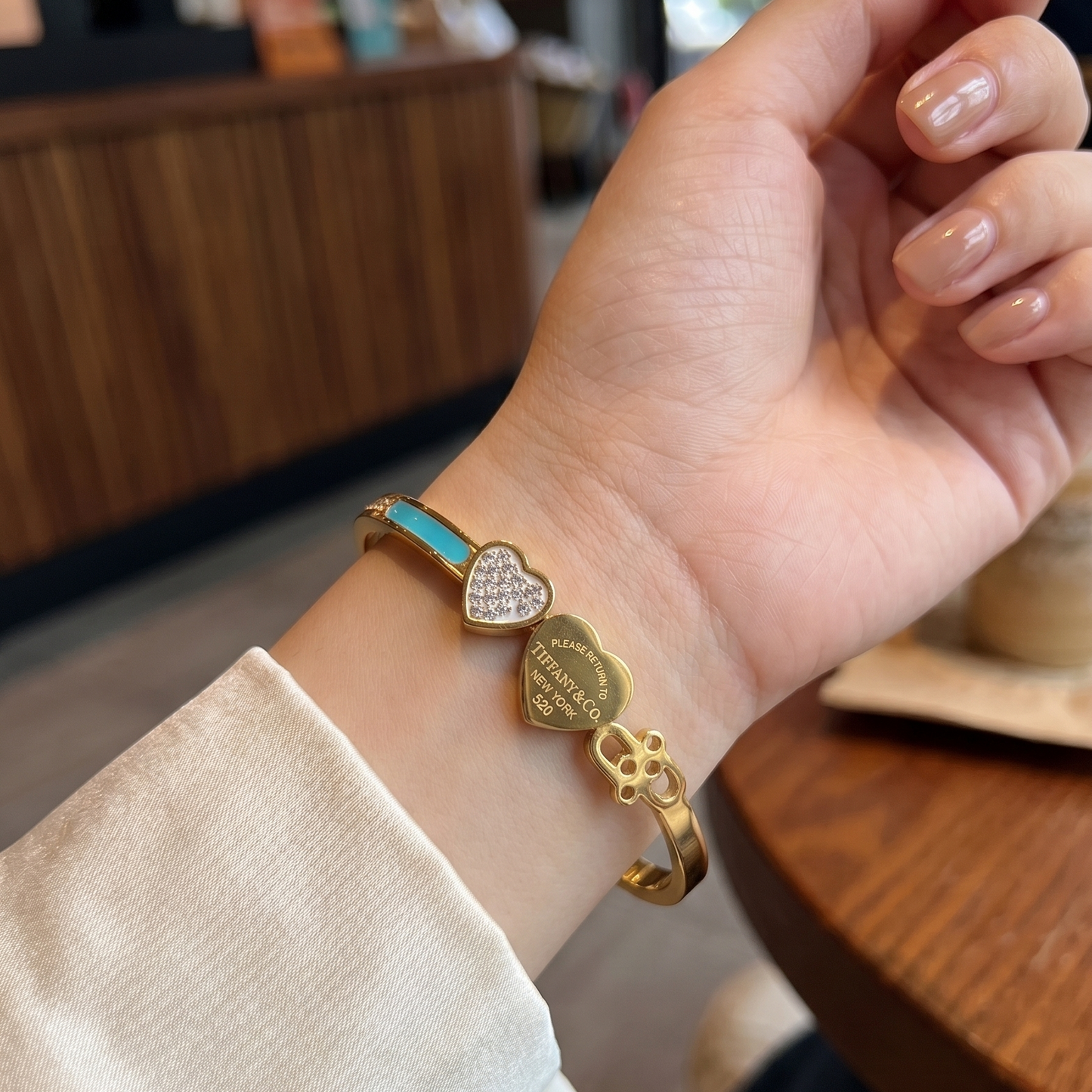 Tiffany Style Two-Heart Hinged Bangle: Pave Heart, Gold-Tone Heart, and Turquoise Enamel