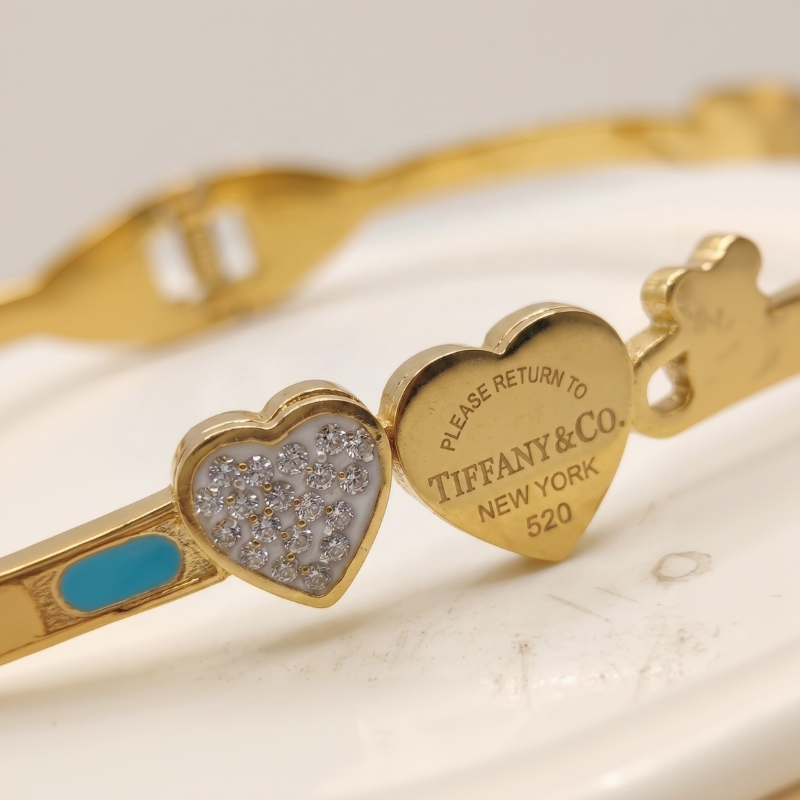 Tiffany Style Two-Heart Hinged Bangle: Pave Heart, Gold-Tone Heart, and Turquoise Enamel