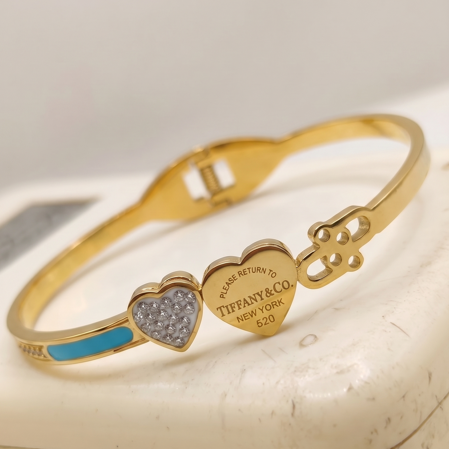Tiffany Style Two-Heart Hinged Bangle: Pave Heart, Gold-Tone Heart, and Turquoise Enamel