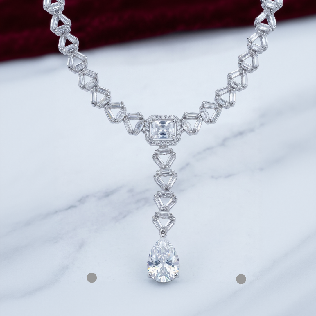 Lucent V' Geometric Link Statement Necklace and Drop Earrings Set in White Gold with Pear Drop Accent (Cubic Zirconia)