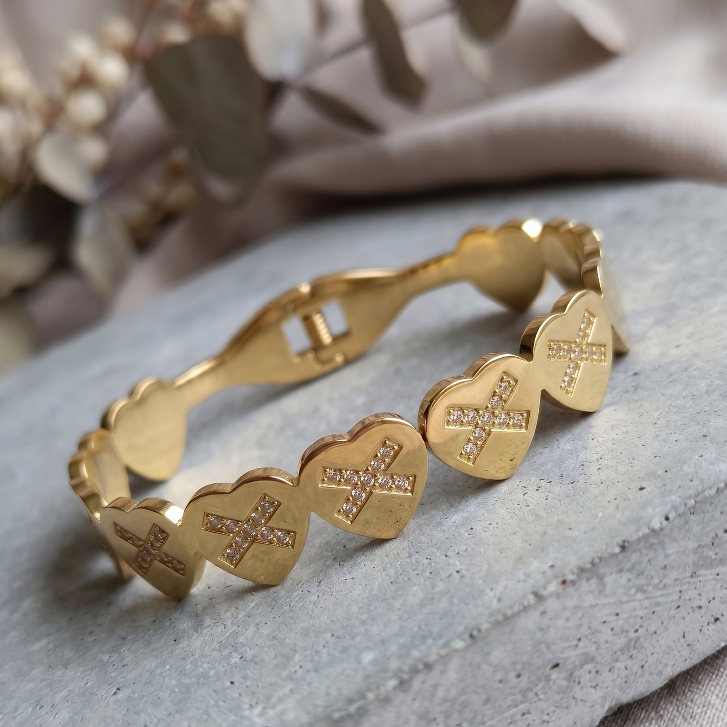 SwarnaSage Gold CZ Heart 'X' Motif Articulated Link Bangle