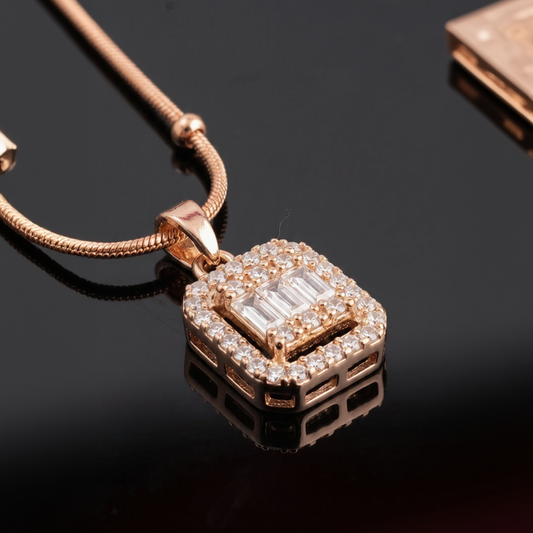 Elegance 18k Rose Gold Plated Radiant Baguette & Round Halo Cluster Pendant Necklace with Intricate Snake Chain