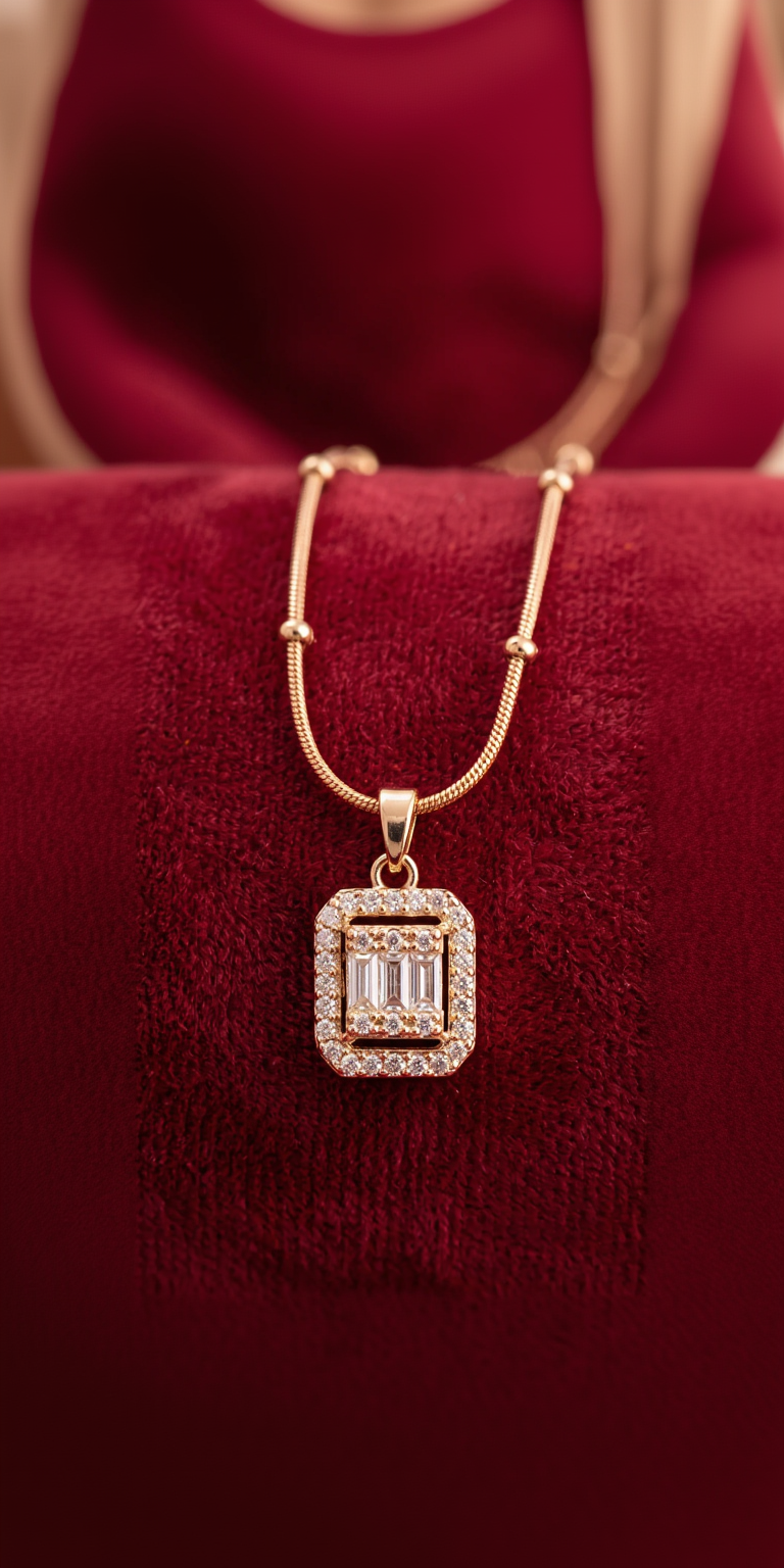 Elegance 18k Rose Gold Plated Radiant Baguette & Round Halo Cluster Pendant Necklace with Intricate Snake Chain
