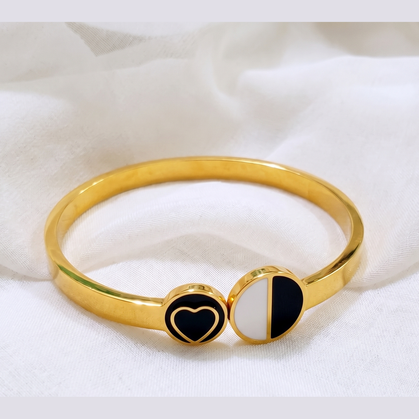 SwarnaSage "Dual Harmony" Yin-Yang Inspired Black & White Enamel Heart Bangle - Highly Polished Gold-Tone Cuff for Modern Women