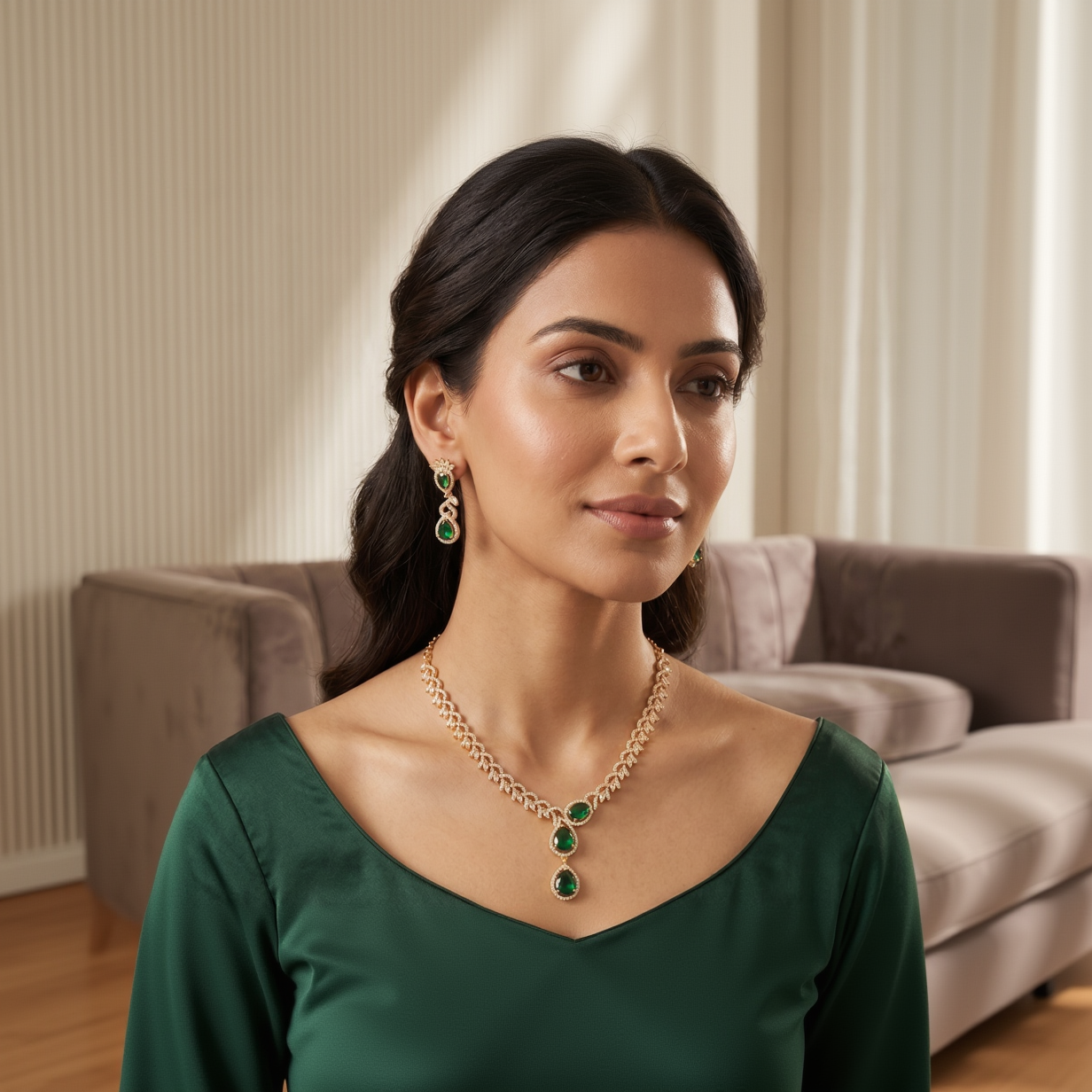 Empress Vine Gold-Plated Emerald & CZ Statement Necklace and Earring Set
