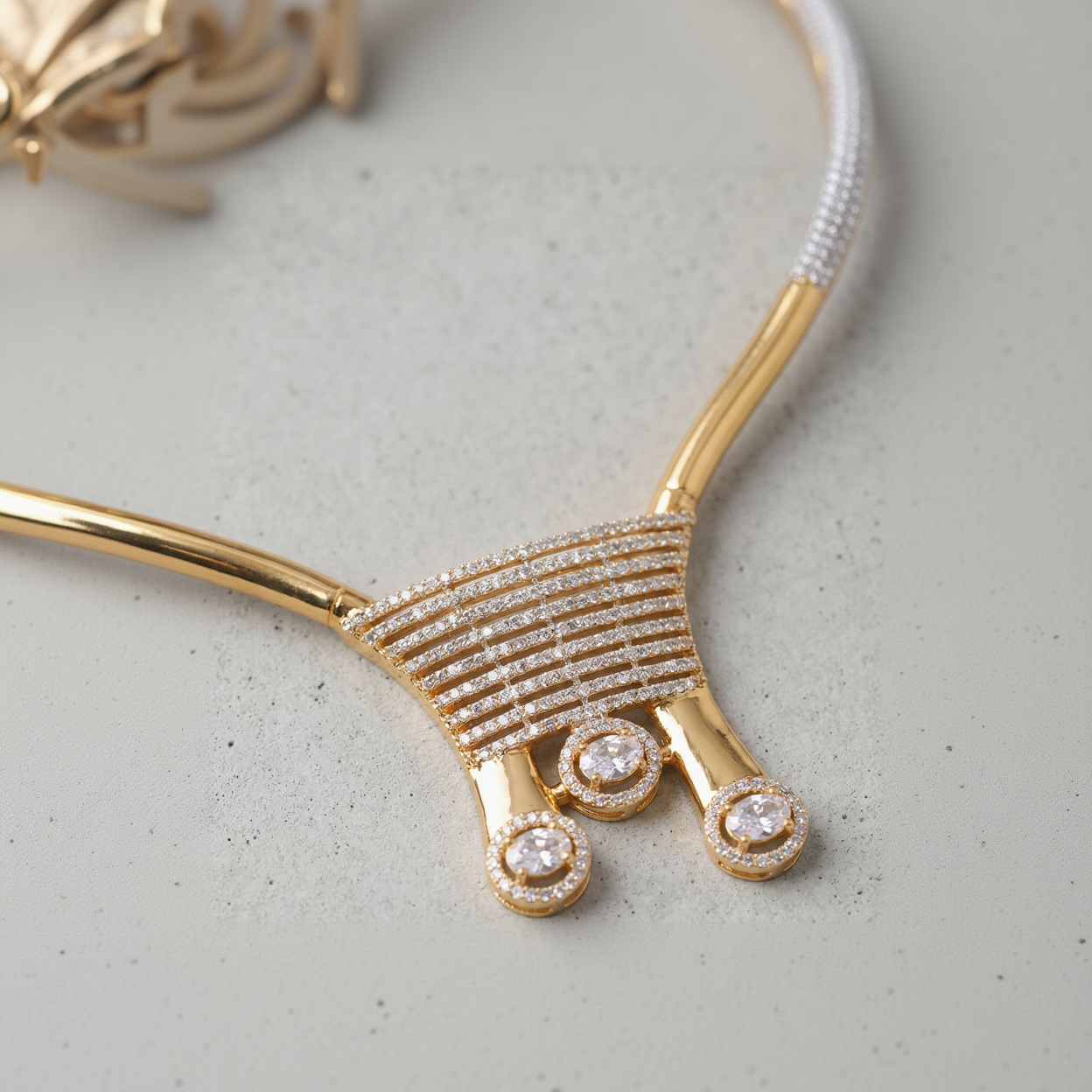 Gilded Art Deco CZ Choker Necklace & Earring Set with Pavé Bars and Circle Dangles