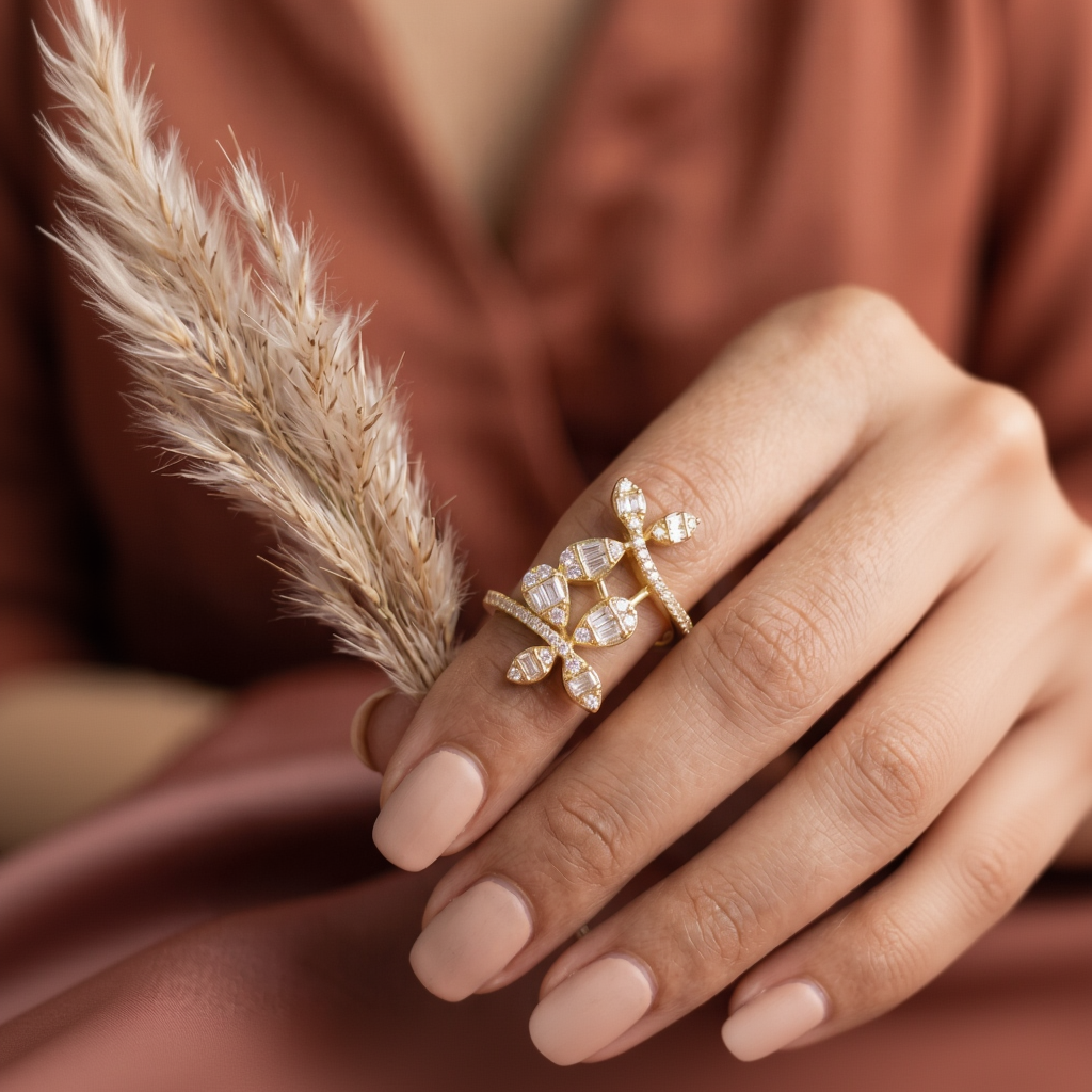 Gold-Plated Two-Tiered Baguette and Round CZ Geometric Statement Ring for Women