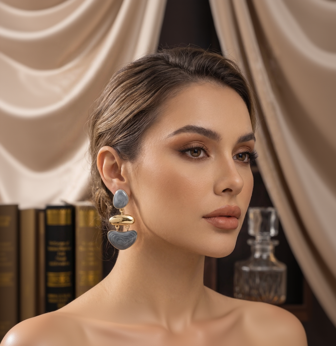 Viennois Elegant Slate Blue-Grey & Gold-Tone Three-Tier Articulated Dangle Earrings
