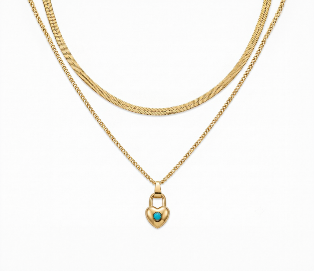 SwarnaSage Gold-Tone Layered Herringbone and Heart Padlock Necklace with Turquoise