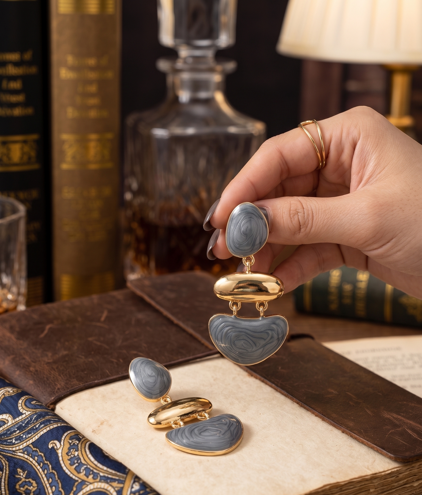 Viennois Elegant Slate Blue-Grey & Gold-Tone Three-Tier Articulated Dangle Earrings