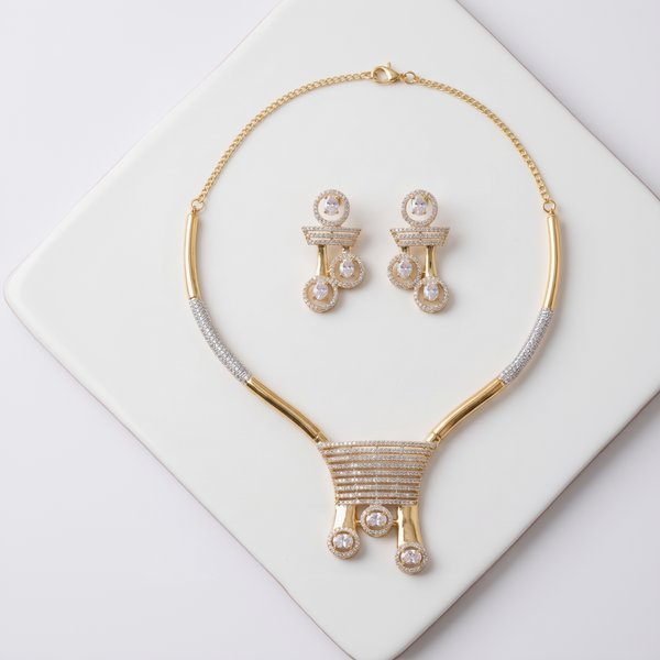 Gilded Art Deco CZ Choker Necklace & Earring Set with Pavé Bars and Circle Dangles