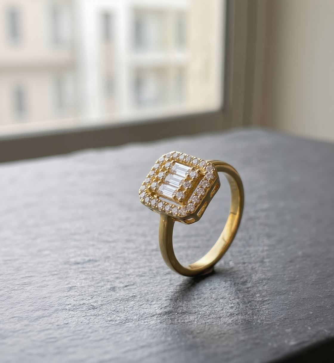 Art Deco Inspired Yellow Gold Plated Baguette and Round Cubic Zirconia Double Halo Cluster Cocktail Ring