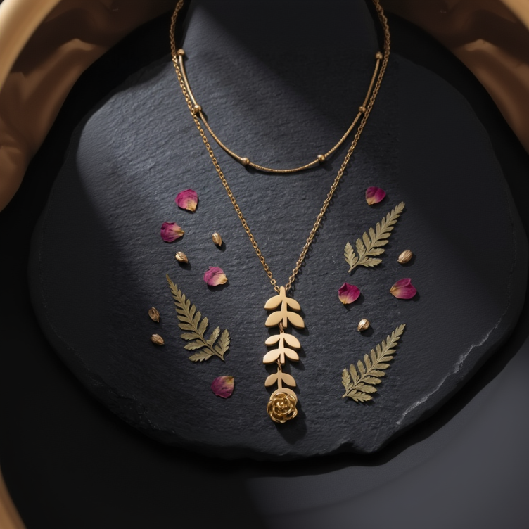 Dainty Layered Gold-Plated Botanical Necklace with Rose and Leaf Pendant Lariat
